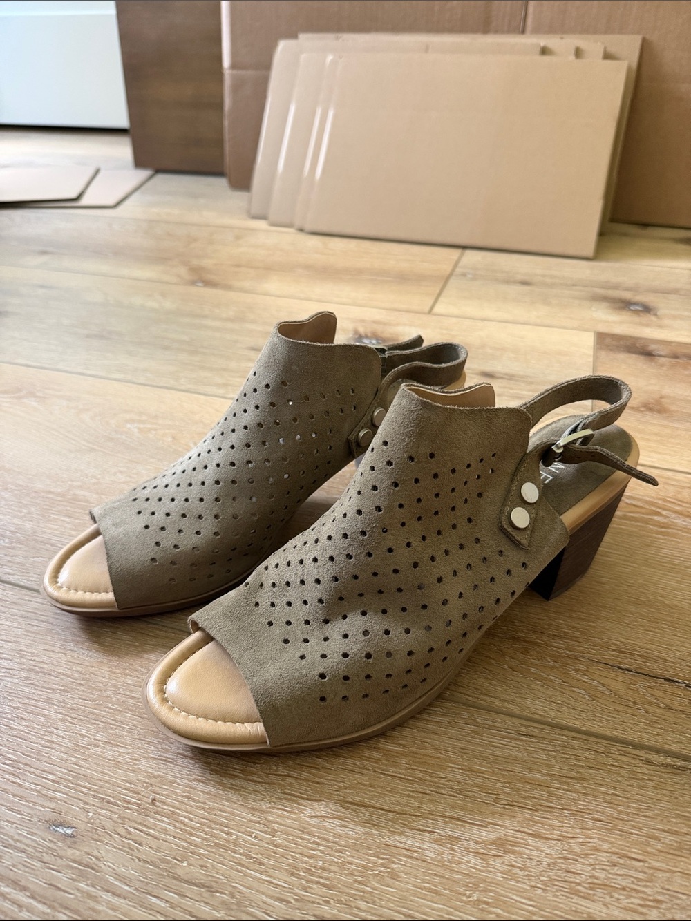 Vaneli Taupe Perforated Peep-Toe Slingback Mules
